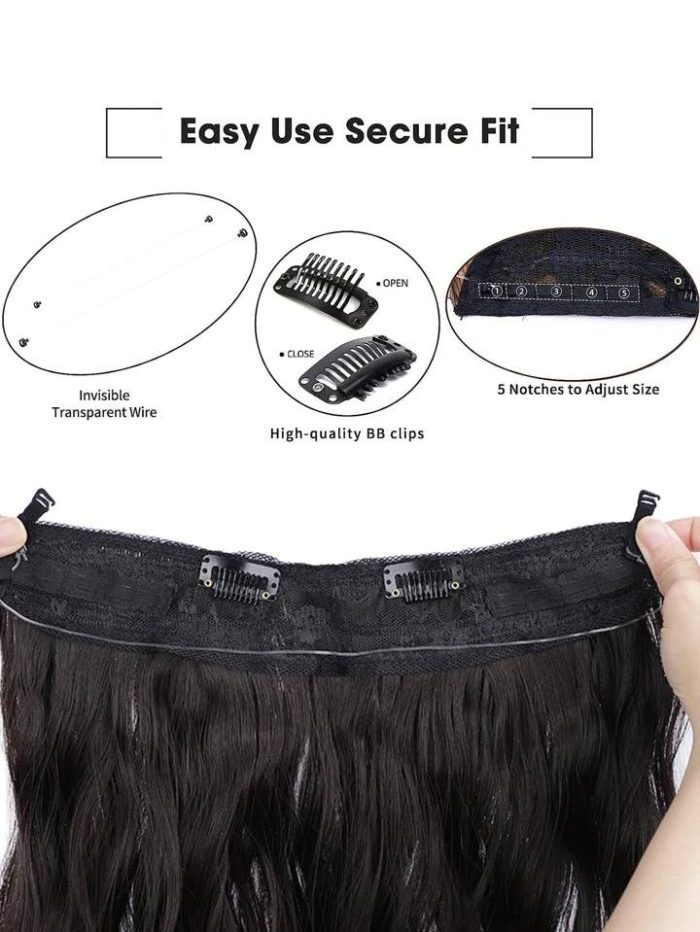 Invisible Wire Hair Extensions 20 Inch Secret Synthetic Hairpieces with Transparent Wire Adjustable Size 2 Secure Clips Light Long Wavy Curly Hair Extensions for Women(black) - Image 3