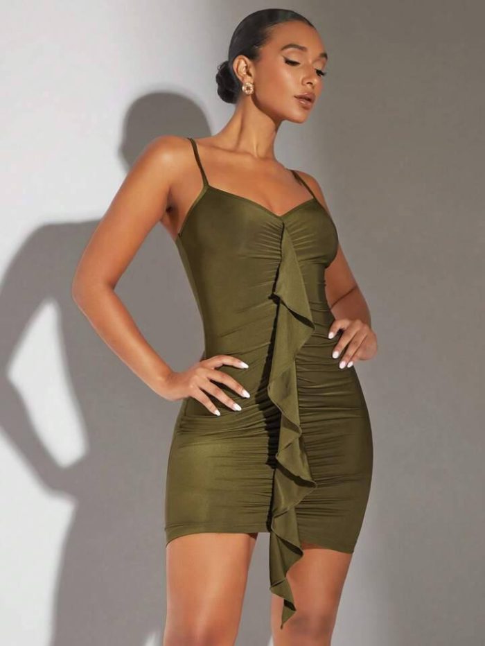 SHEIN BAE Ruched Ruffle Trim Bodycon Cami Dress