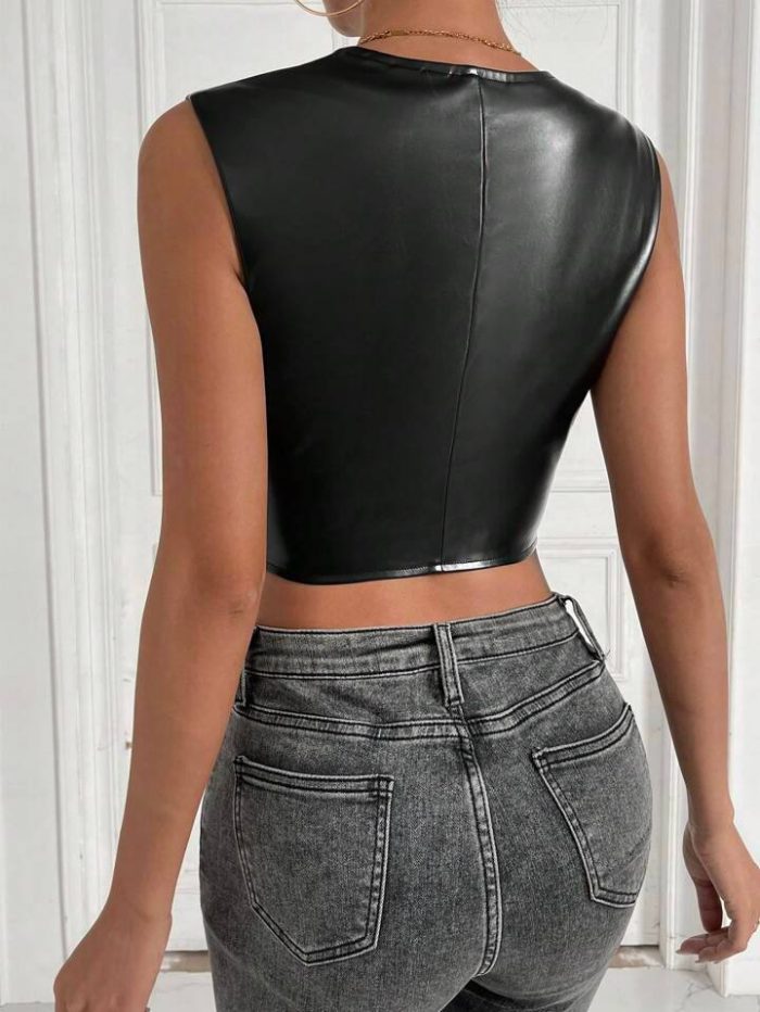 SHEIN Unity Solid Crop PU Leather Tank Top - Image 2