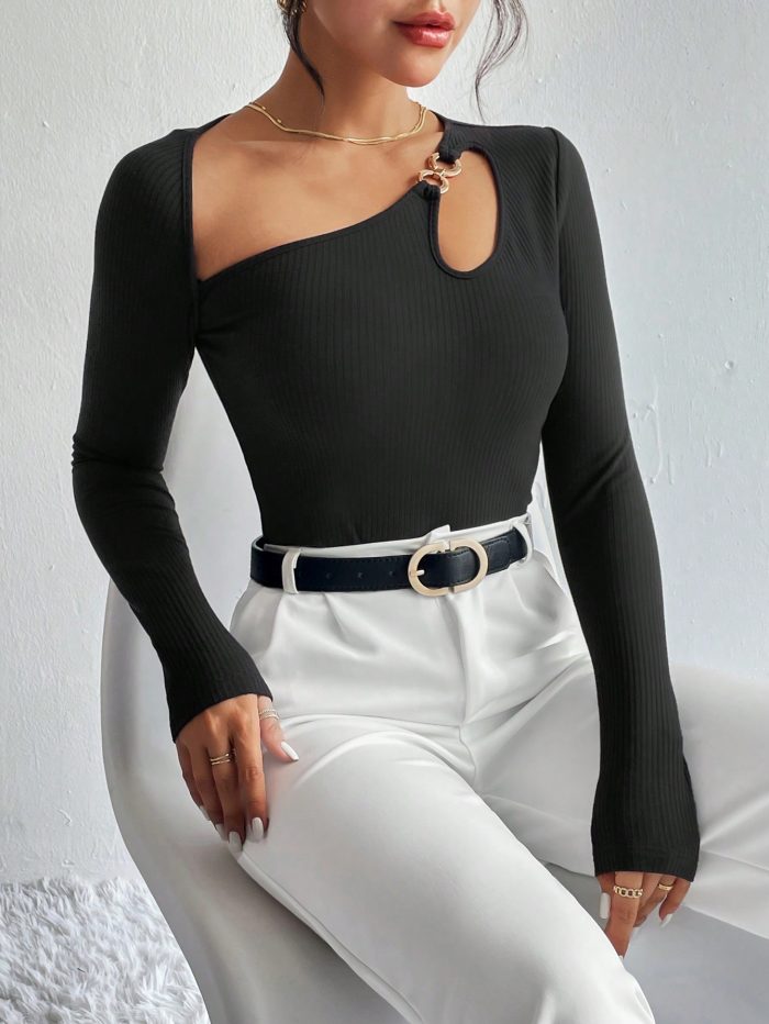 SHEIN Privé Asymmetrical Neck Cut Out Ribbed Knit Tee