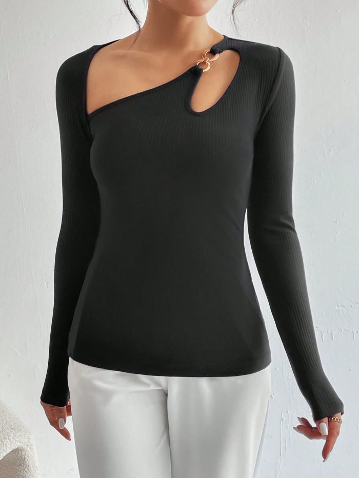 SHEIN Privé Asymmetrical Neck Cut Out Ribbed Knit Tee - Image 4