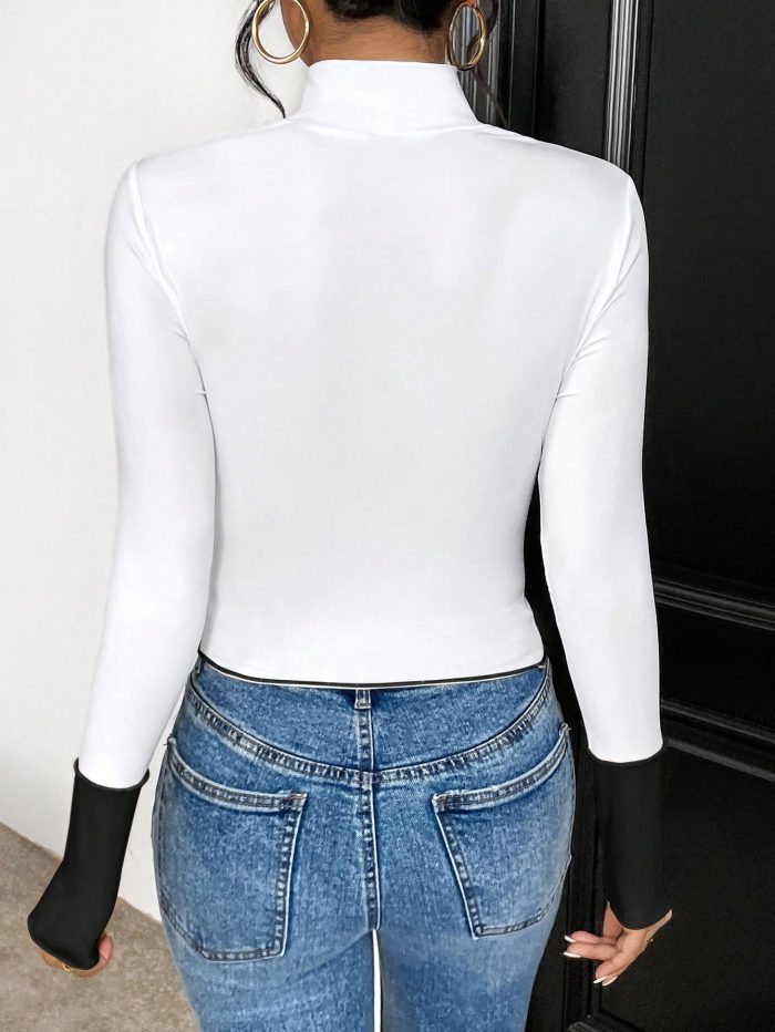 SHEIN Essnce Two Tone Cut Out Mock Neck Tee - Image 2
