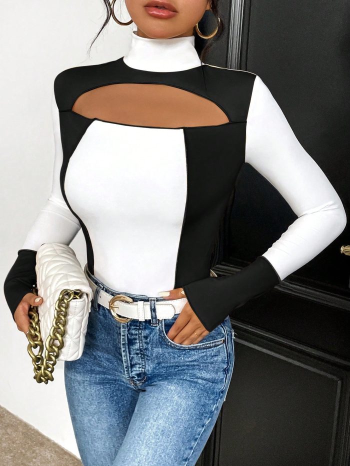 SHEIN Essnce Two Tone Cut Out Mock Neck Tee - Image 4