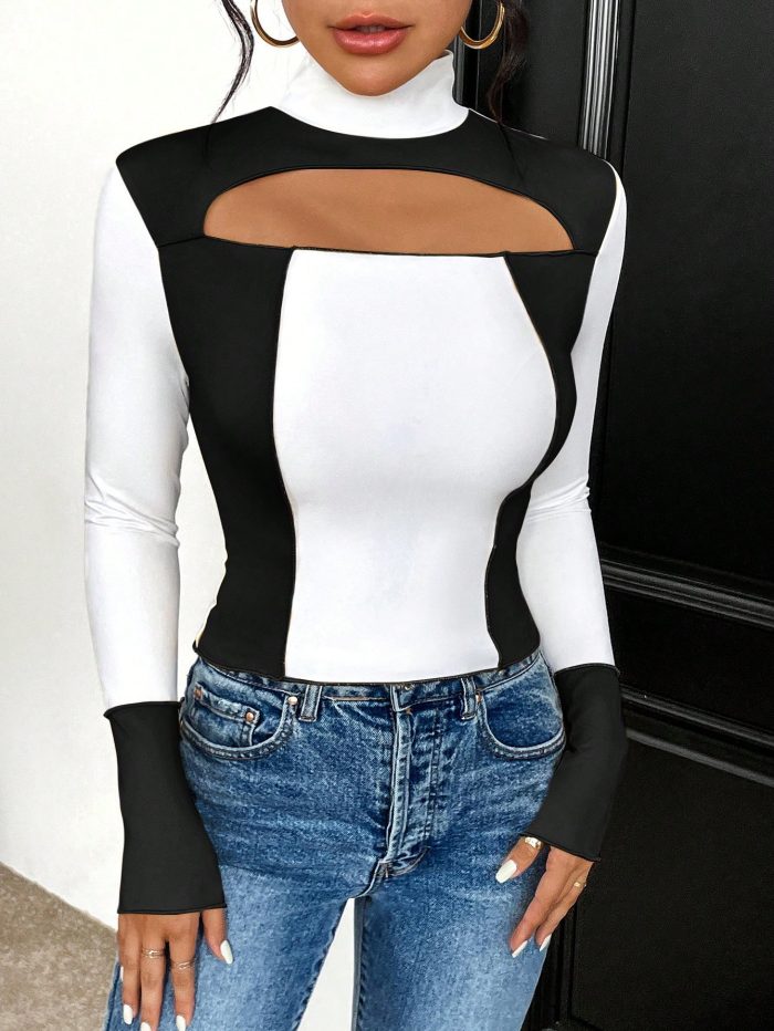 SHEIN Essnce Two Tone Cut Out Mock Neck Tee - Image 3