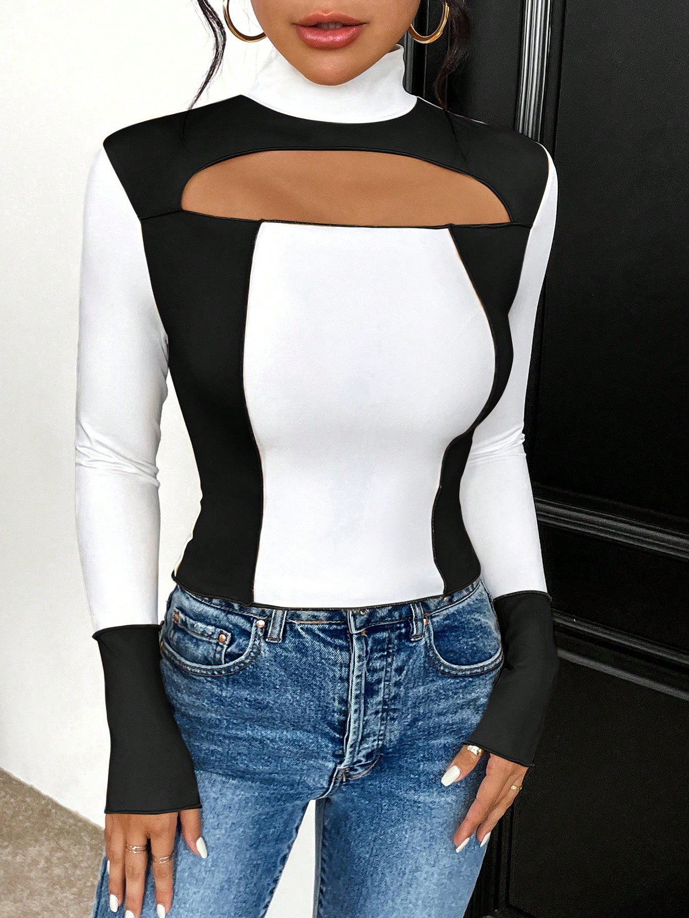 SHEIN Essnce Two Tone Cut Out Mock Neck Tee - Image 3