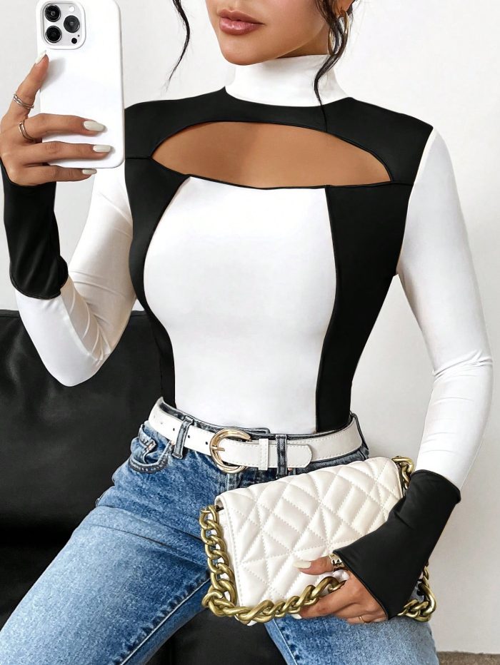 SHEIN Essnce Two Tone Cut Out Mock Neck Tee - Image 5
