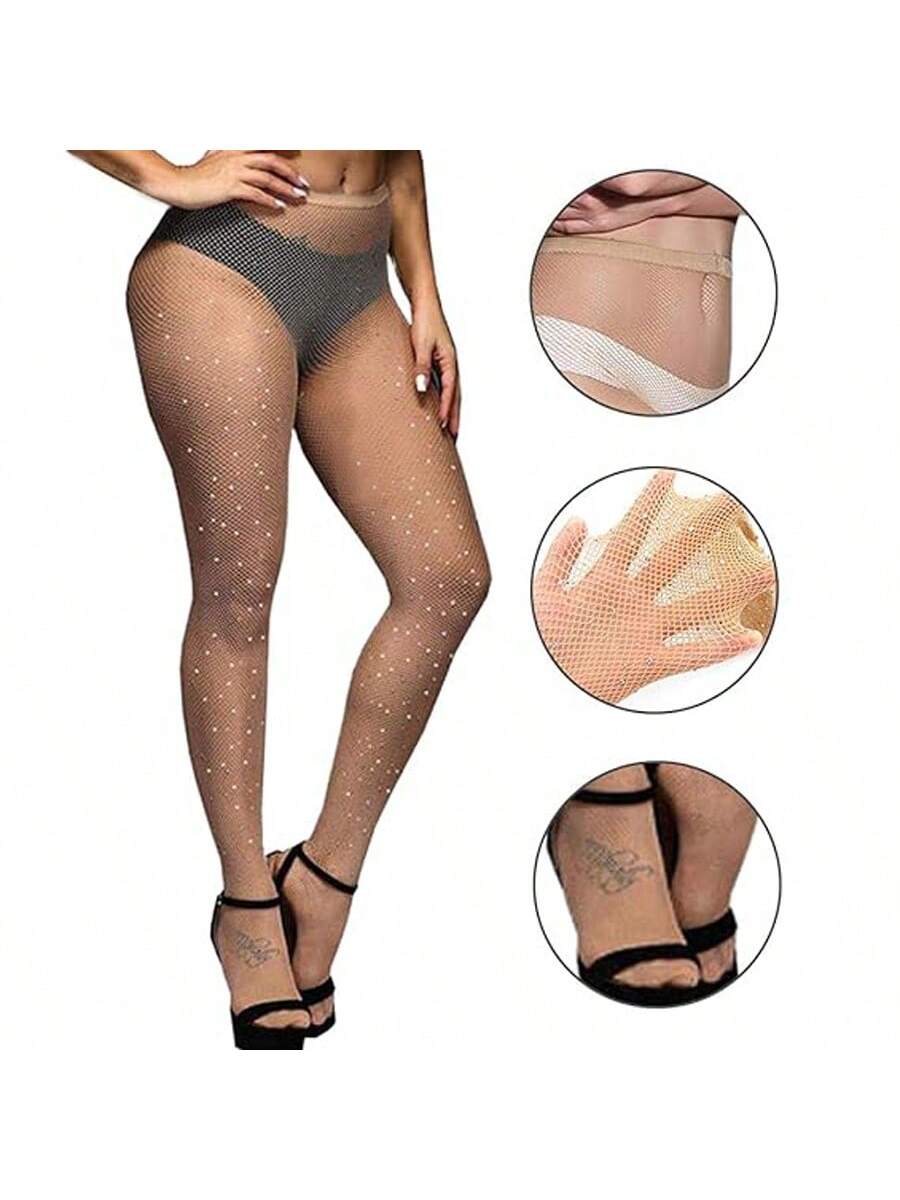 1pair Rhinestone Nude Fishnet Elastic Stockings Tights Pantyhose - Image 2