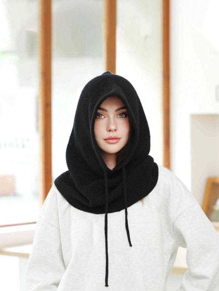 1pc Women's Knitted Hat Scarf Set Winter Warmth Ear Protection Beanie Cap Black