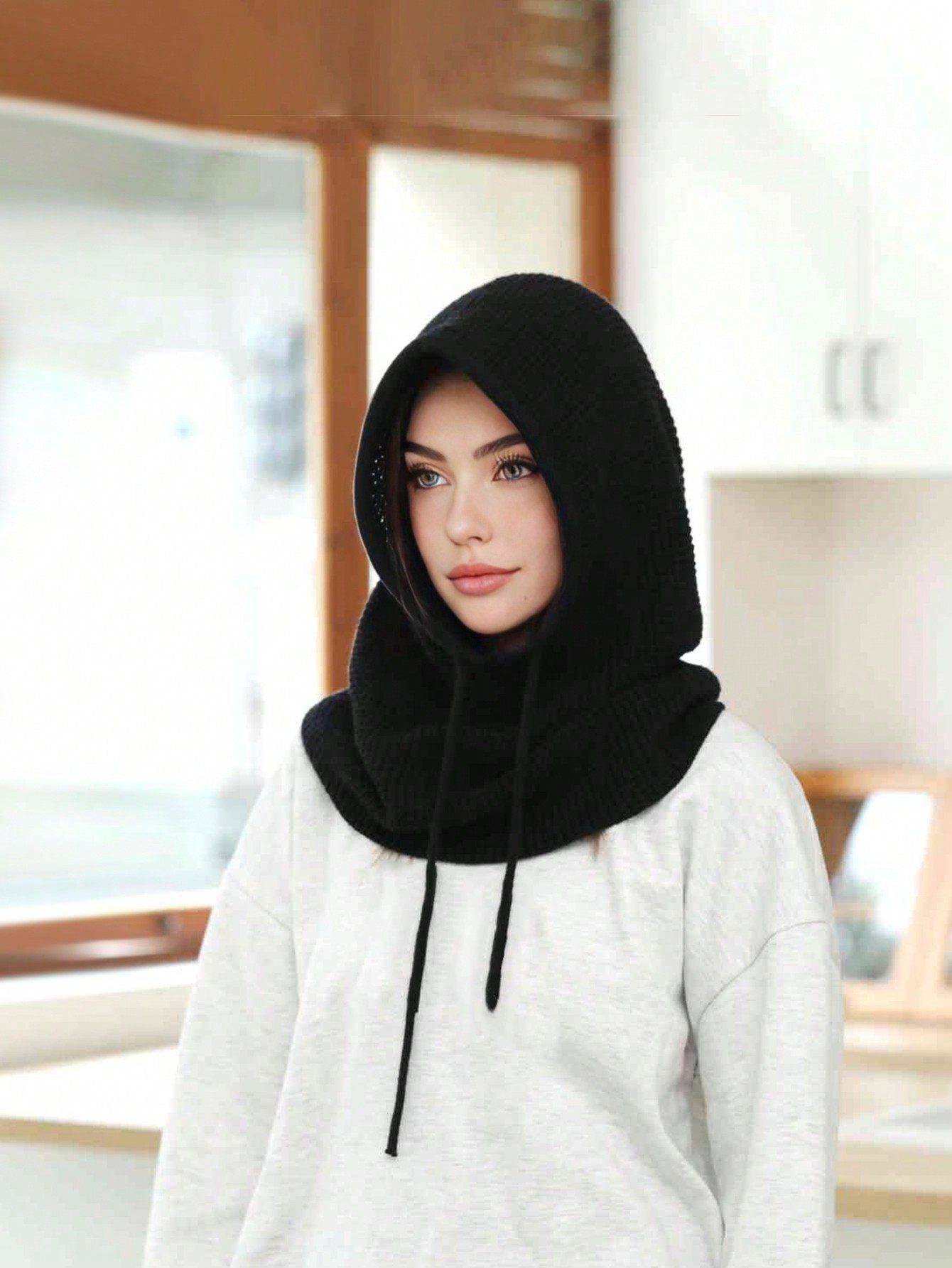1pc Women's Knitted Hat Scarf Set Winter Warmth Ear Protection Beanie Cap Black - Image 2
