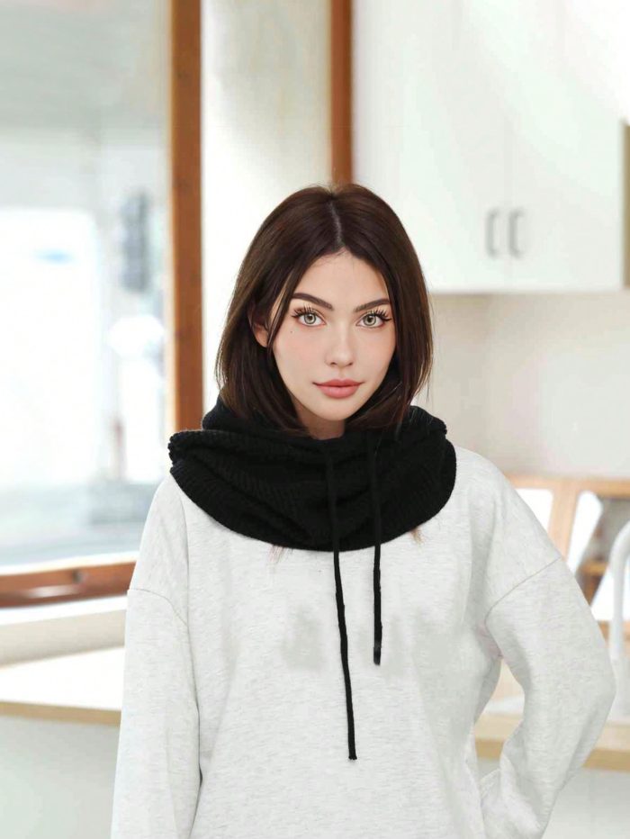 1pc Women's Knitted Hat Scarf Set Winter Warmth Ear Protection Beanie Cap Black - Image 3