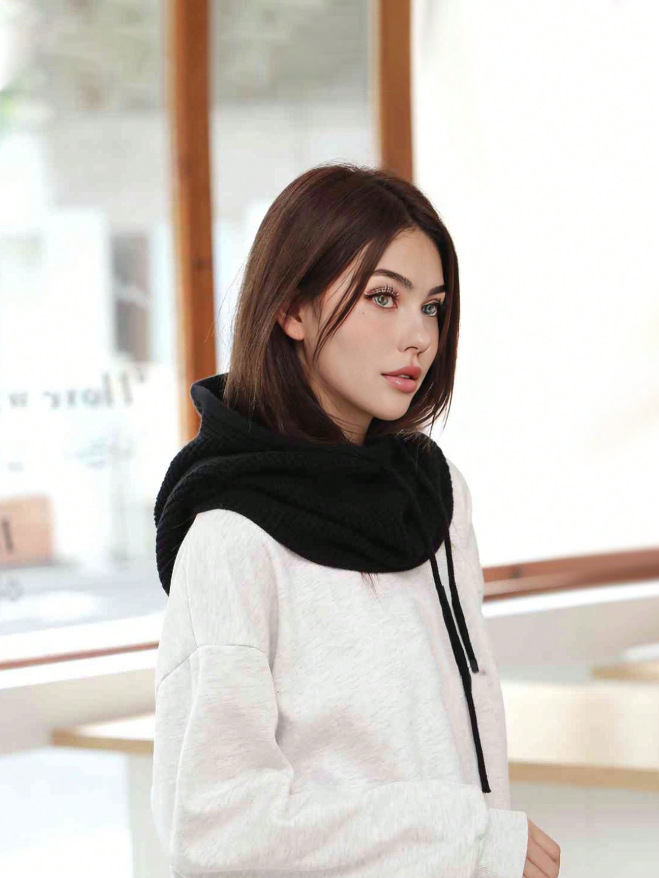 1pc Women's Knitted Hat Scarf Set Winter Warmth Ear Protection Beanie Cap Black - Image 4