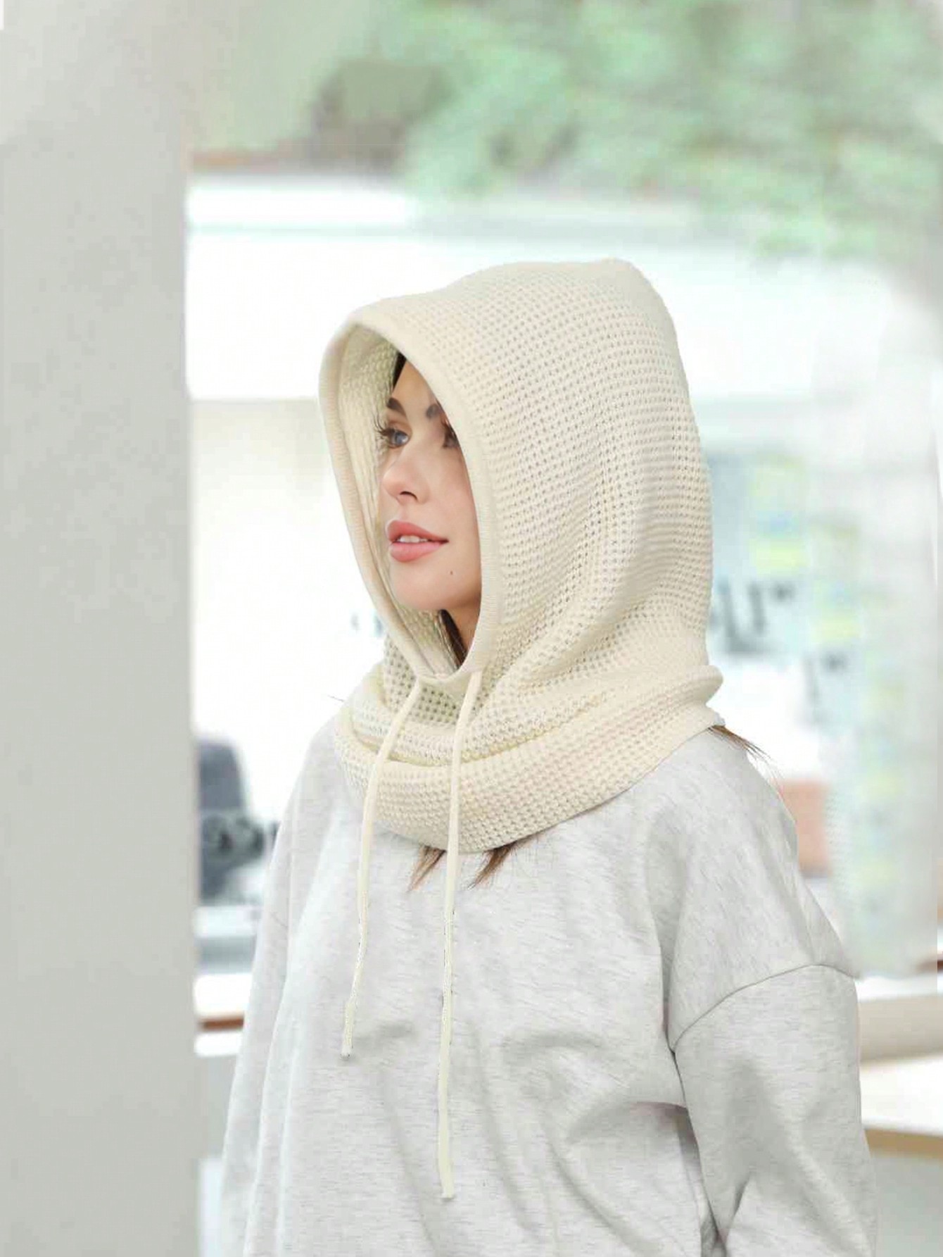 1pc Women's Winter Warm Scarf & Knitted Hat Set With Earflaps White