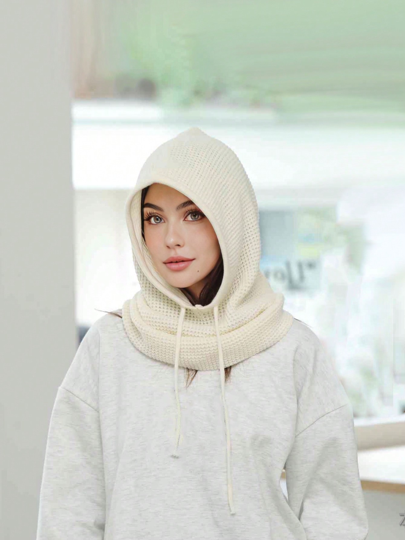 1pc Women's Winter Warm Scarf & Knitted Hat Set With Earflaps White - Image 2