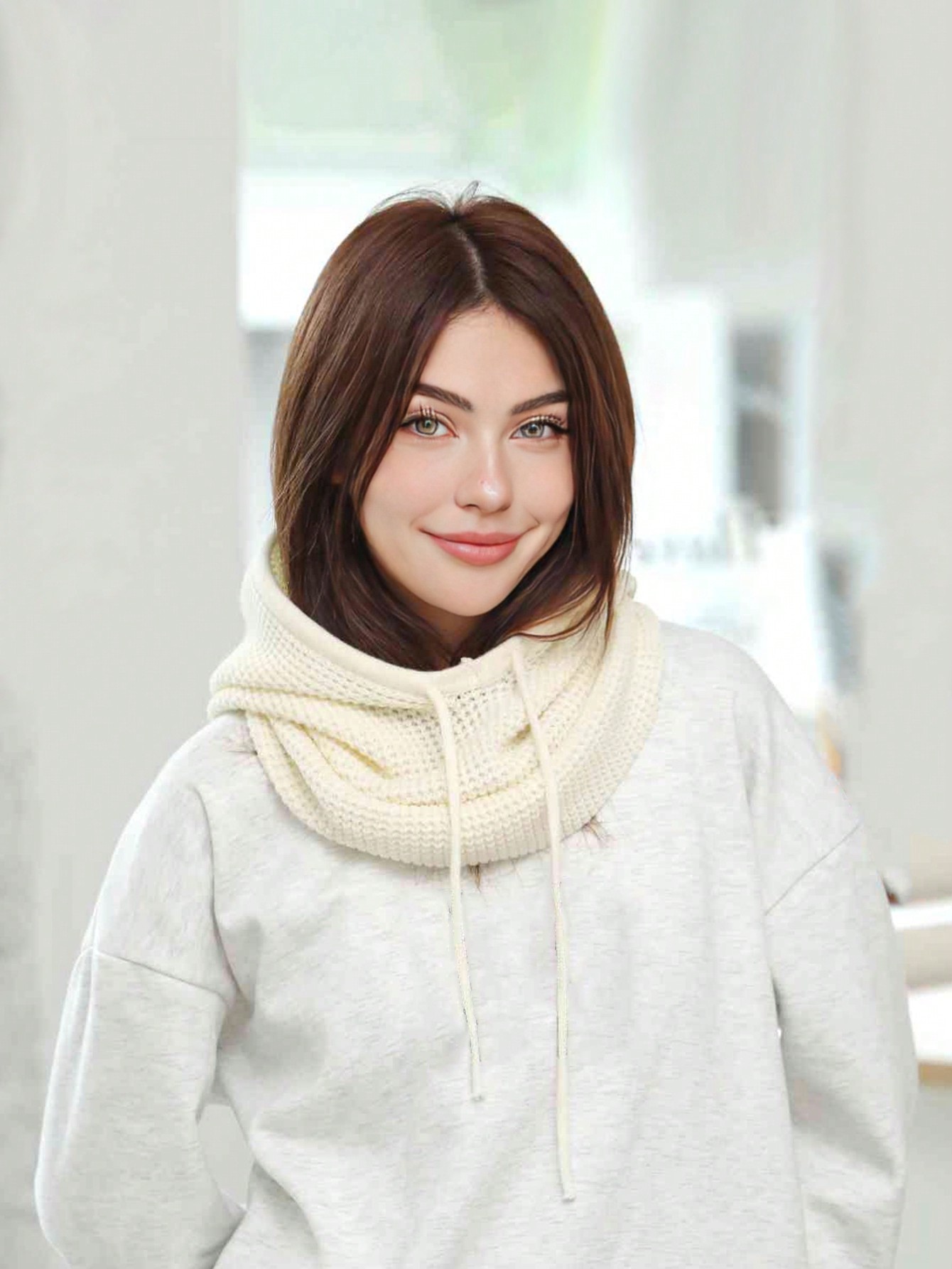 1pc Women's Winter Warm Scarf & Knitted Hat Set With Earflaps White - Image 4