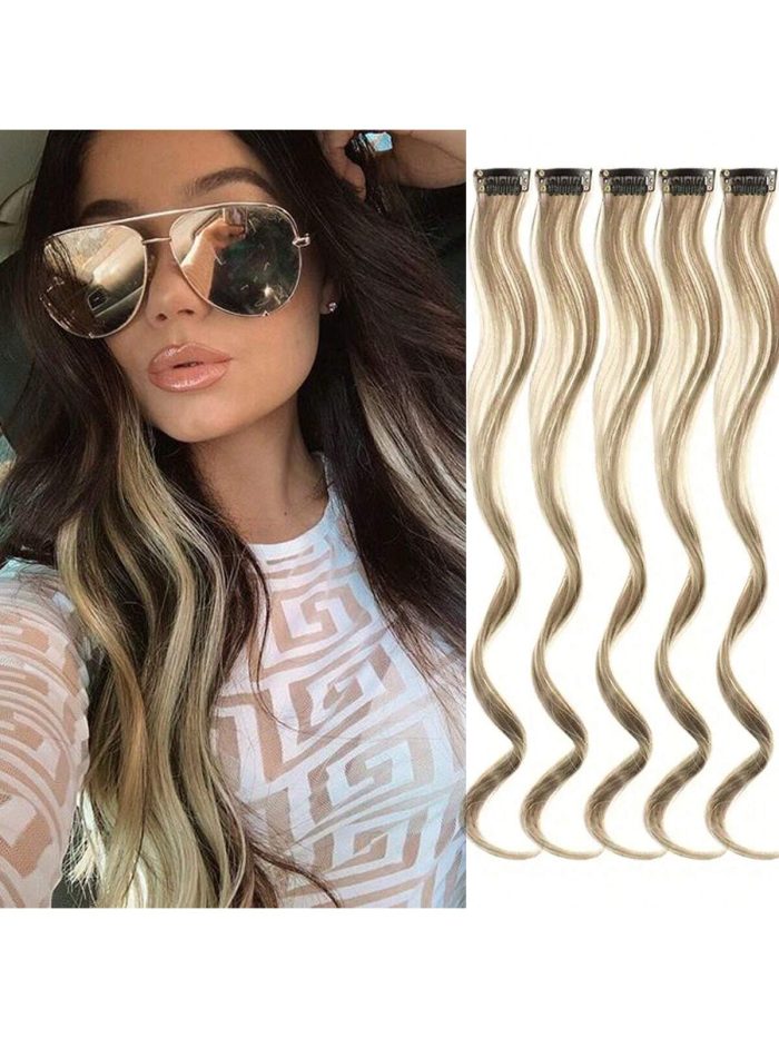 5 Pcs Colored Hair Extensions Party Highlights, Curly Wavy Hairpiece Clip in Synthetic Streak for Kids Girls Women 17 inch