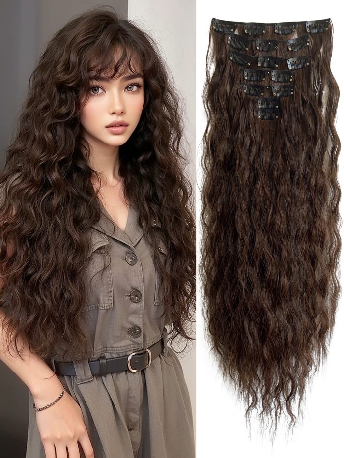 Clip In Hair Extensions Light Brown 16 CLips 22 Inch Long Curly Hair Extension For Women Full Head Synthetic