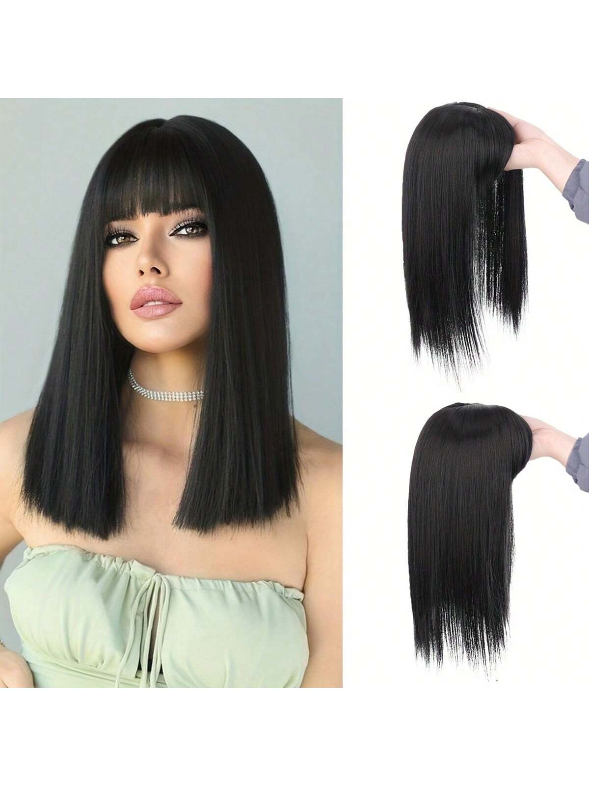 Hair Toupee Clip in Hair Pieces With Bangs Silk Base Top Toppers Fringe for Loss Thinning Hair Replacement Extentions for Straight Hair (Natural Black 1b#)