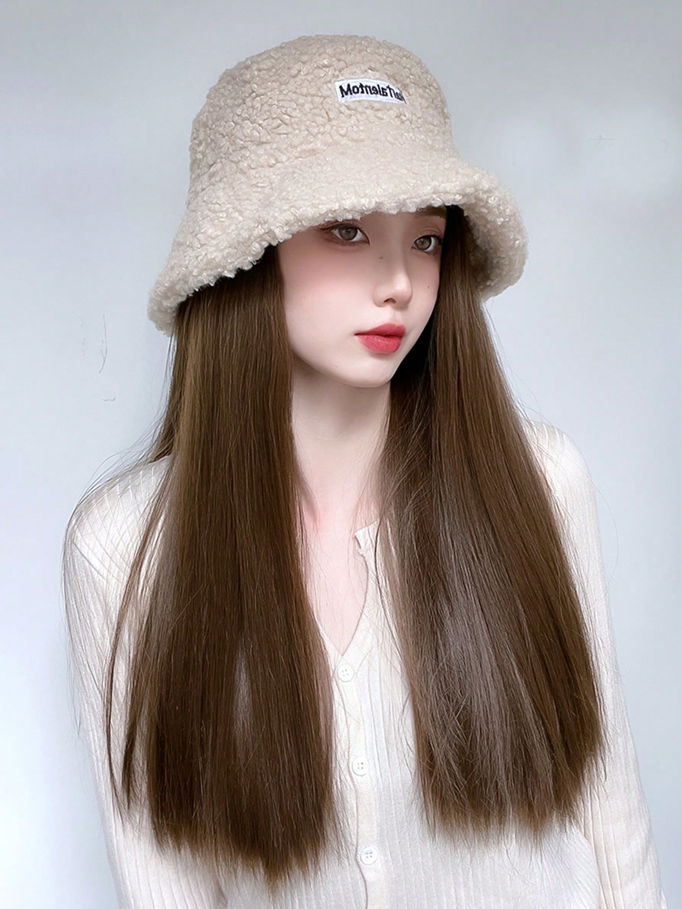 Autumn And Winter New Hat With Attached Long Straight Hair And Synthetic Wig Cap Integrated For Women Fisherman Hat With Imitation Wool Suitable For Daily Wear