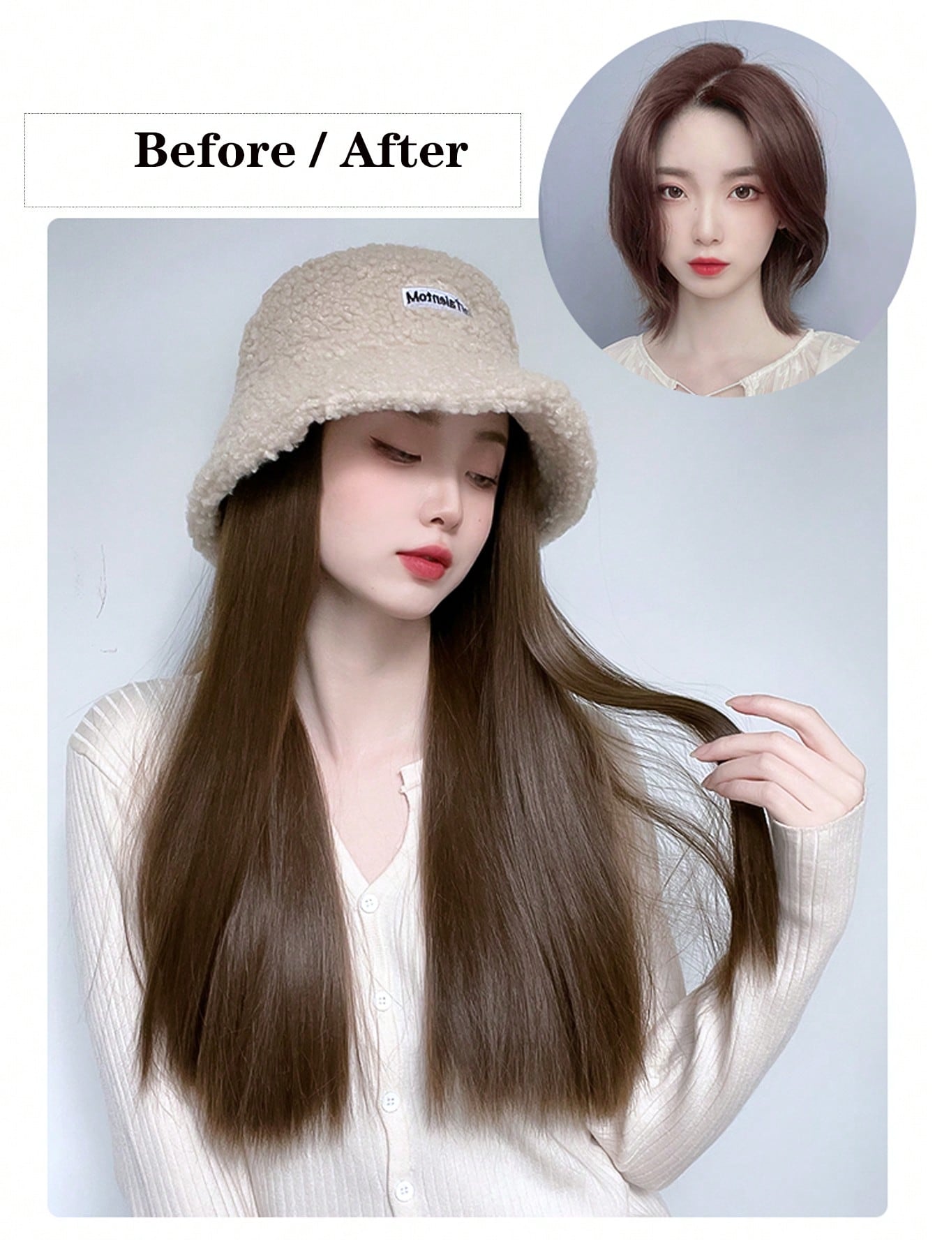Autumn And Winter New Hat With Attached Long Straight Hair And Synthetic Wig Cap Integrated For Women Fisherman Hat With Imitation Wool Suitable For Daily Wear - Image 2