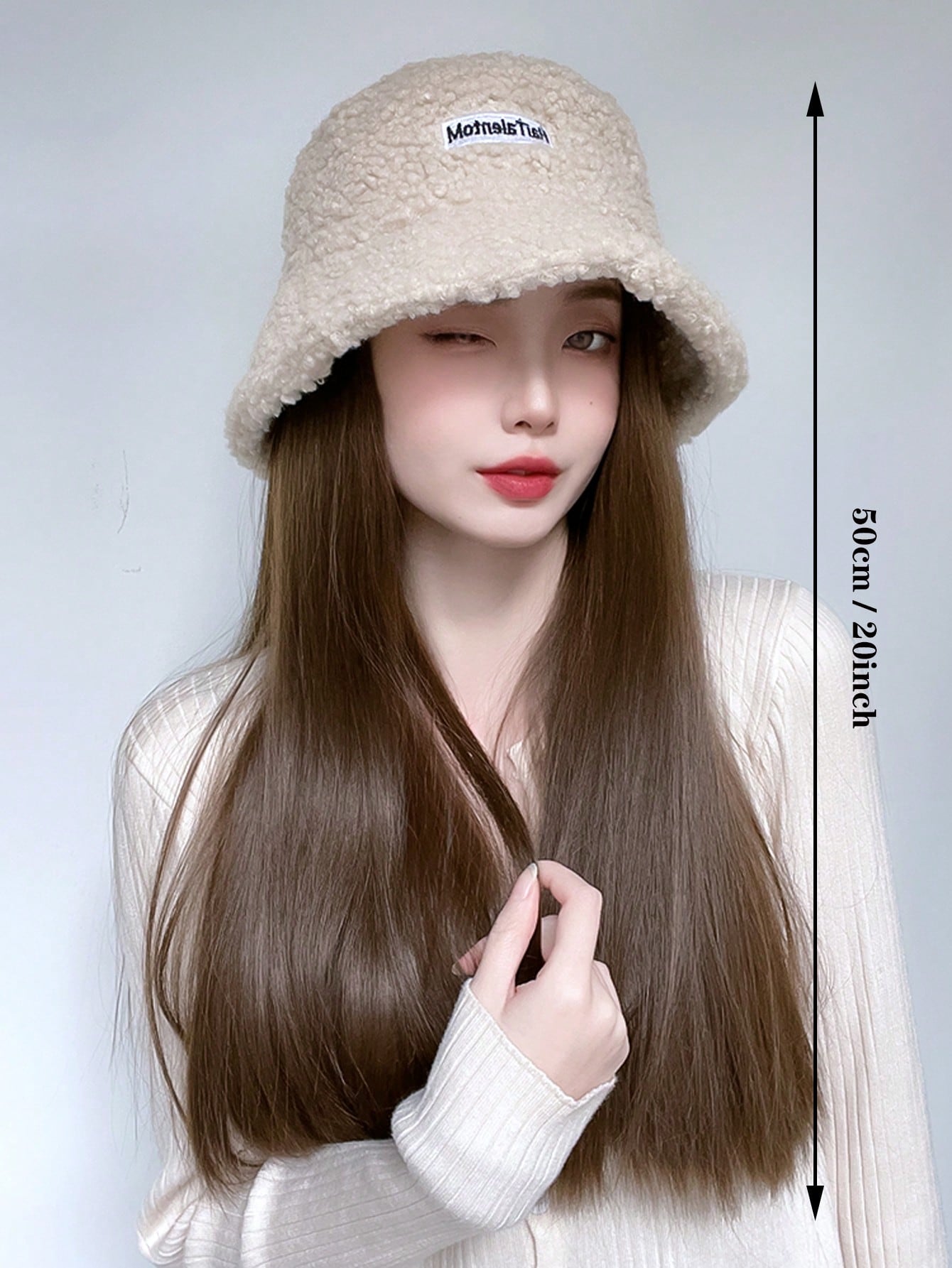 Autumn And Winter New Hat With Attached Long Straight Hair And Synthetic Wig Cap Integrated For Women Fisherman Hat With Imitation Wool Suitable For Daily Wear - Image 3