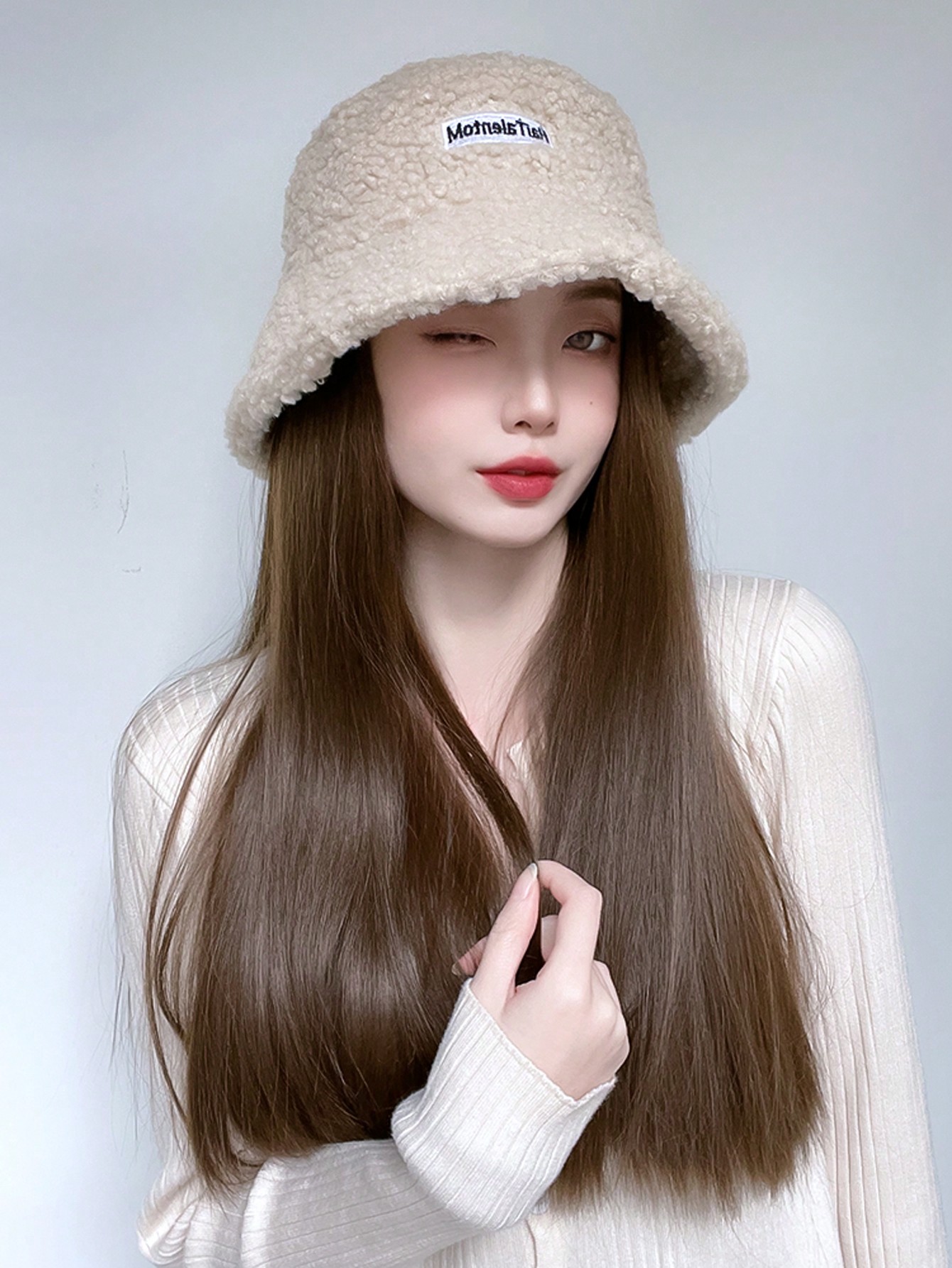 Autumn And Winter New Hat With Attached Long Straight Hair And Synthetic Wig Cap Integrated For Women Fisherman Hat With Imitation Wool Suitable For Daily Wear - Image 5