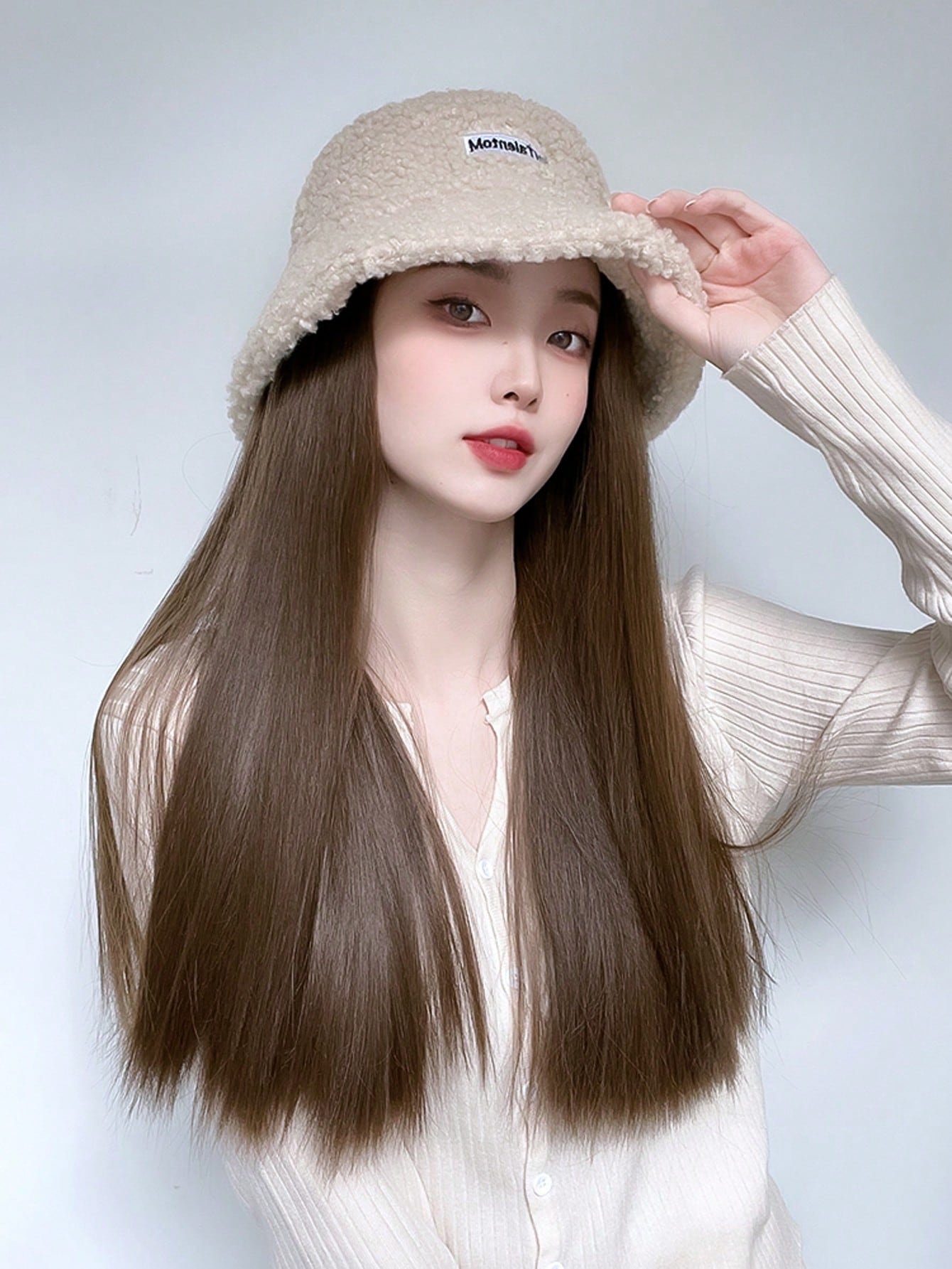 Autumn And Winter New Hat With Attached Long Straight Hair And Synthetic Wig Cap Integrated For Women Fisherman Hat With Imitation Wool Suitable For Daily Wear - Image 4