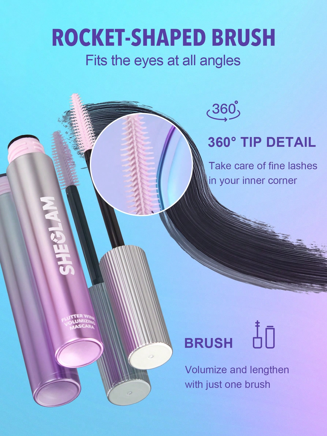 SHEGLAM Flutter Wink Volumizing Mascara Volumizing Lengthening Long-Lasting No Smudge Thick Lengthening Volume Big Eyes Mascara - Image 2