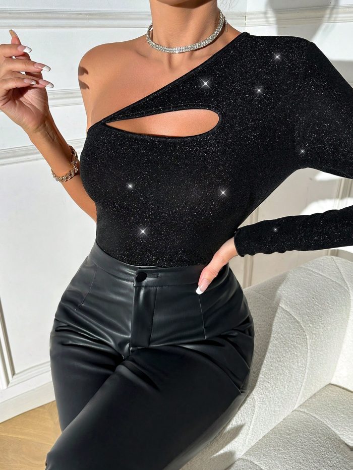 SHEIN BAE One Shoulder Cut Out Glitter Top - Image 5
