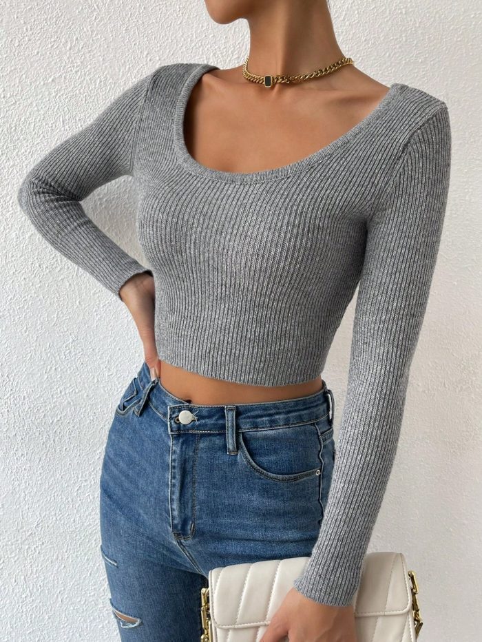 SHEIN LUNE Ladies' Round Neck Long Sleeve Cropped Sweater - Image 4