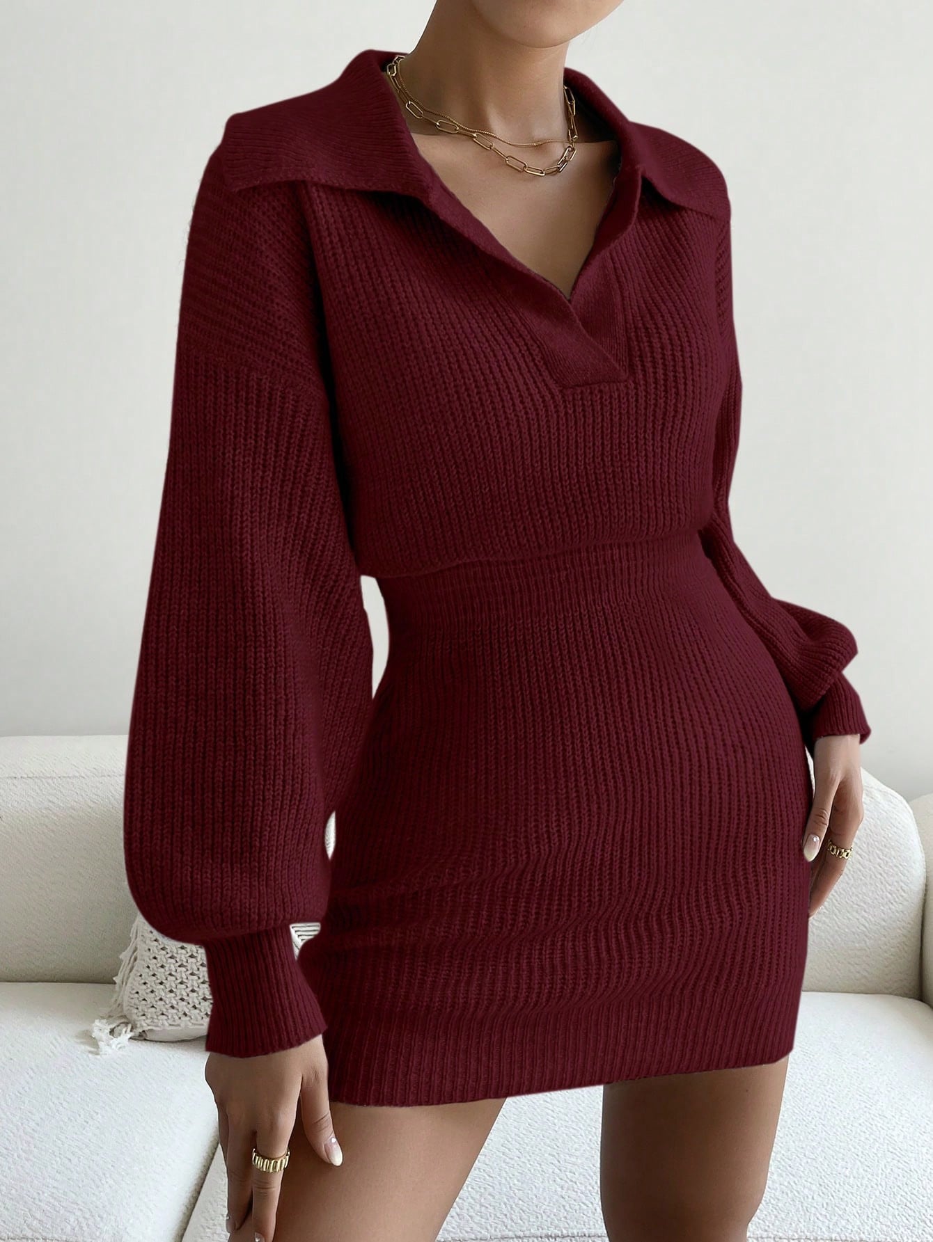 SHEIN LUNE Women's Lantern Sleeve Ribbed Knit Sweater Dress