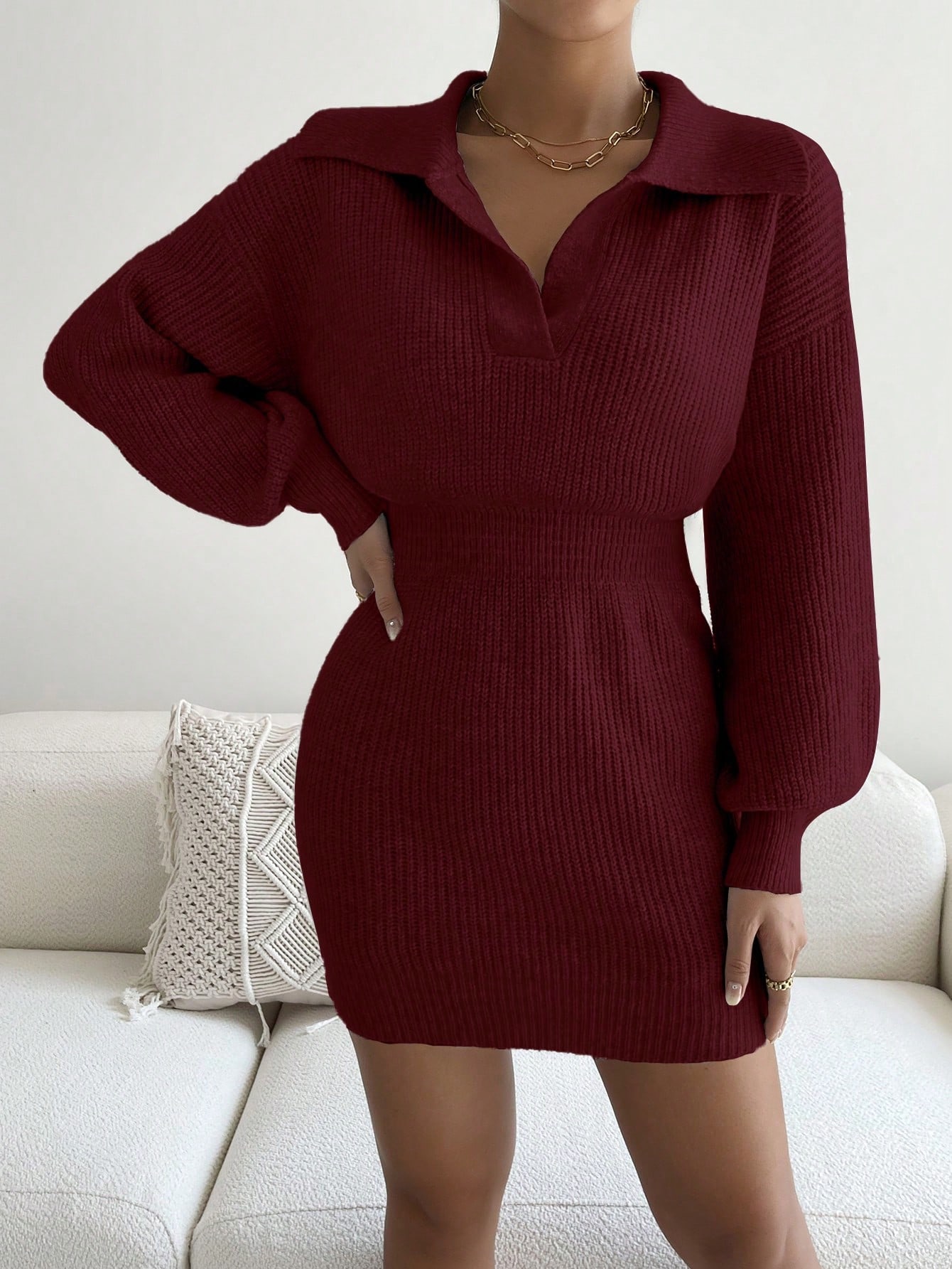 SHEIN LUNE Women's Lantern Sleeve Ribbed Knit Sweater Dress - Image 3