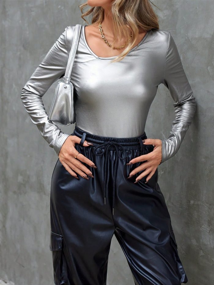 SHEIN Privé Solid Color Long Sleeve Women's T-shirt - Image 4