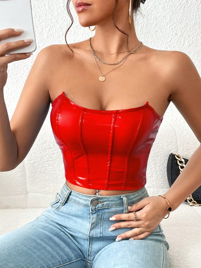 SHEIN Privé Solid PU Leather Tube Top