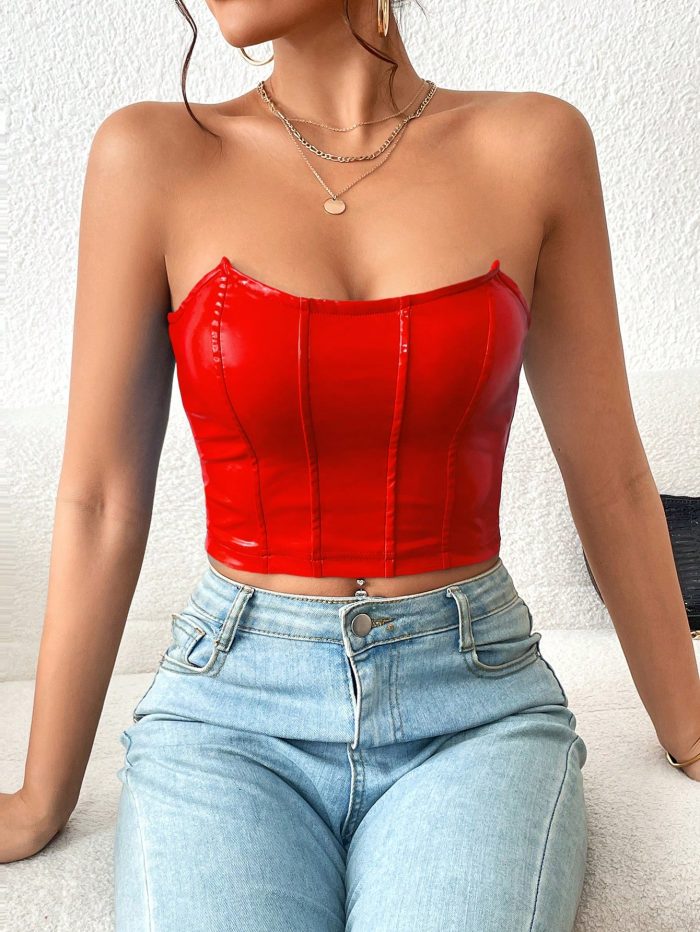 SHEIN Privé Solid PU Leather Tube Top - Image 2