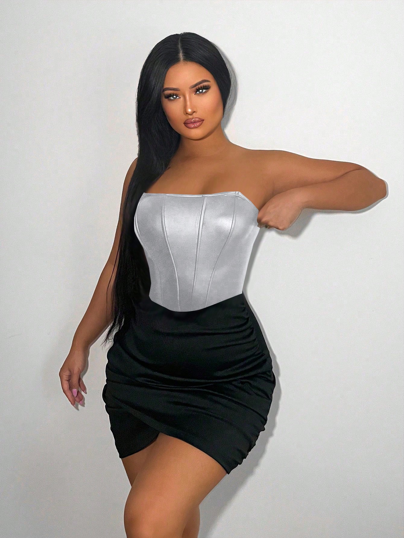 SHEIN SXY Women'S Colorblock Wrapped Front Hem Strapless Dress