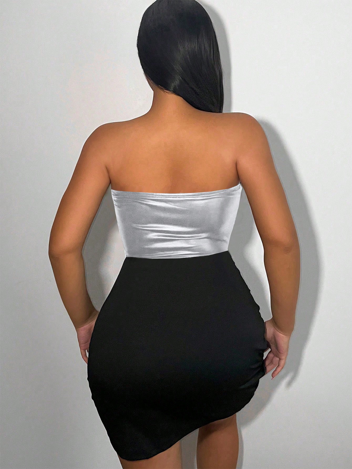 SHEIN SXY Women'S Colorblock Wrapped Front Hem Strapless Dress - Image 2