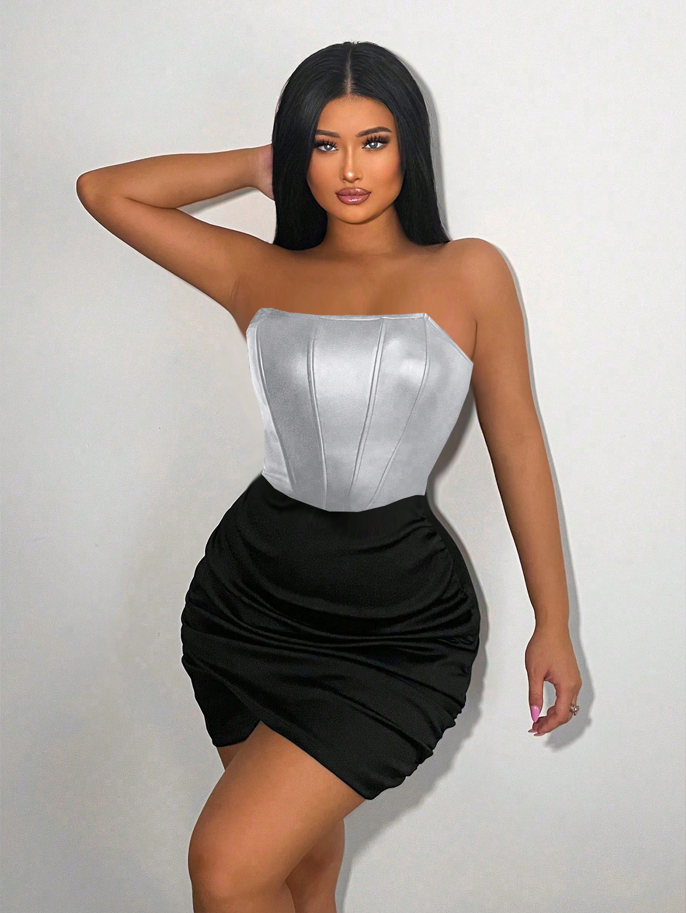 SHEIN SXY Women'S Colorblock Wrapped Front Hem Strapless Dress - Image 5