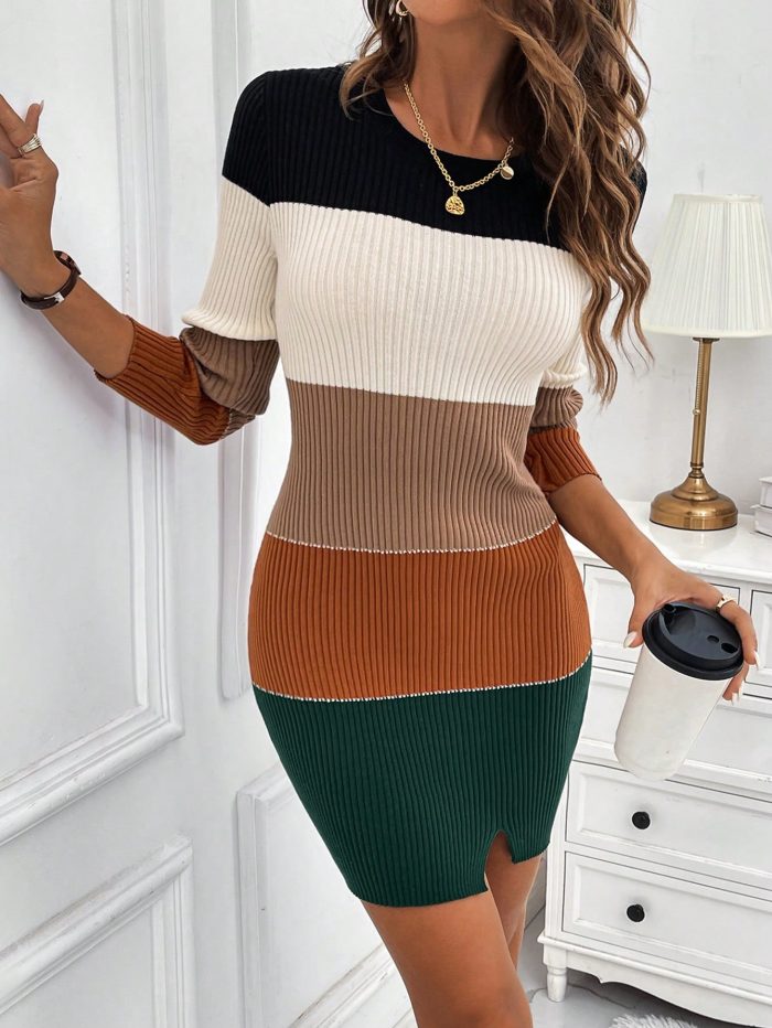 Women's Slim Fit Color Collision Sweater Dress