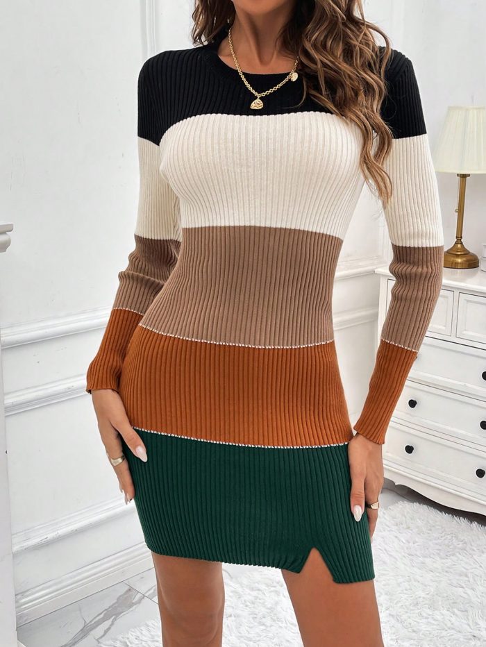 Women's Slim Fit Color Collision Sweater Dress - Image 5