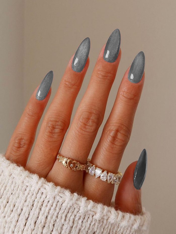 24pcs Long Almond Cat Eye Full Cover Fake Nail & 1sheet Tape & 1pc Nail File Grey