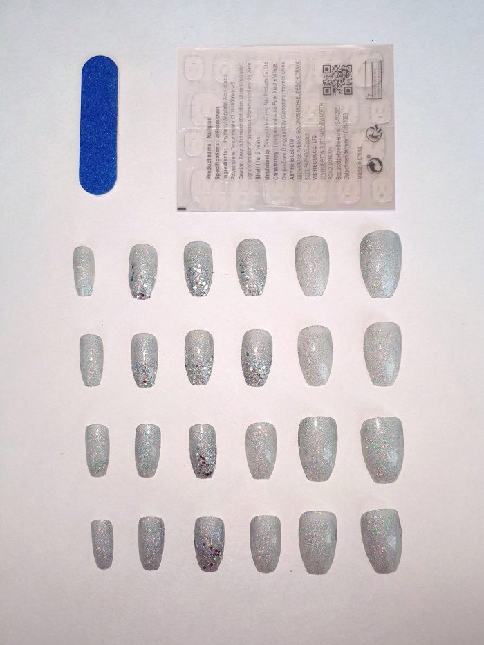 24pcs/set Medium Long Coffin Shaped Silver Glitter False Nails With 1pc Jelly Gel & 1pc Nail File - Image 2
