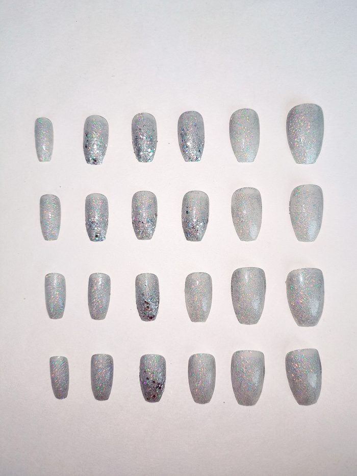 24pcs/set Medium Long Coffin Shaped Silver Glitter False Nails With 1pc Jelly Gel & 1pc Nail File - Image 3