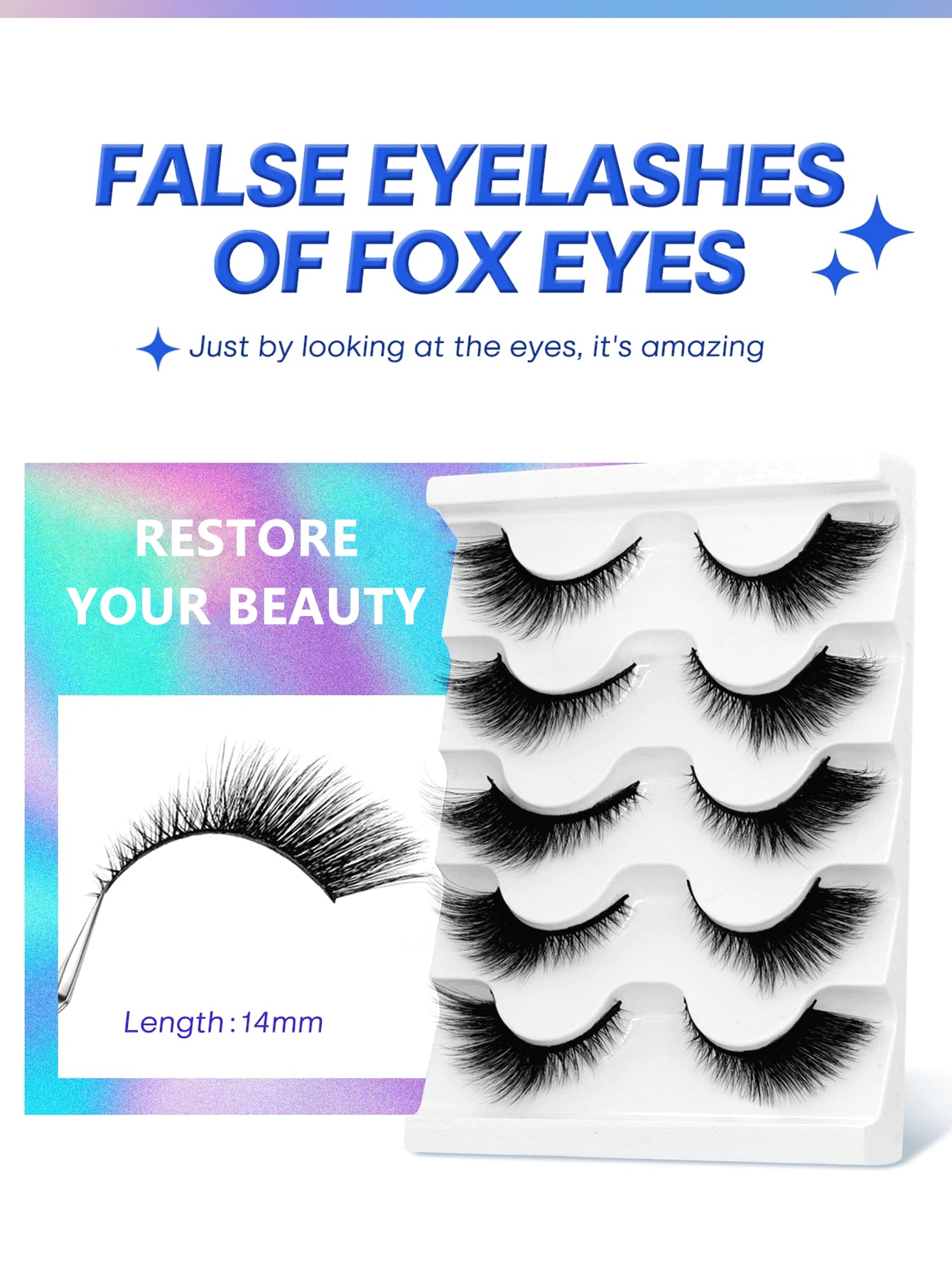 5 Pairs Soft & Natural Fox Eye/ Cat Eye False Eyelashes - Image 2