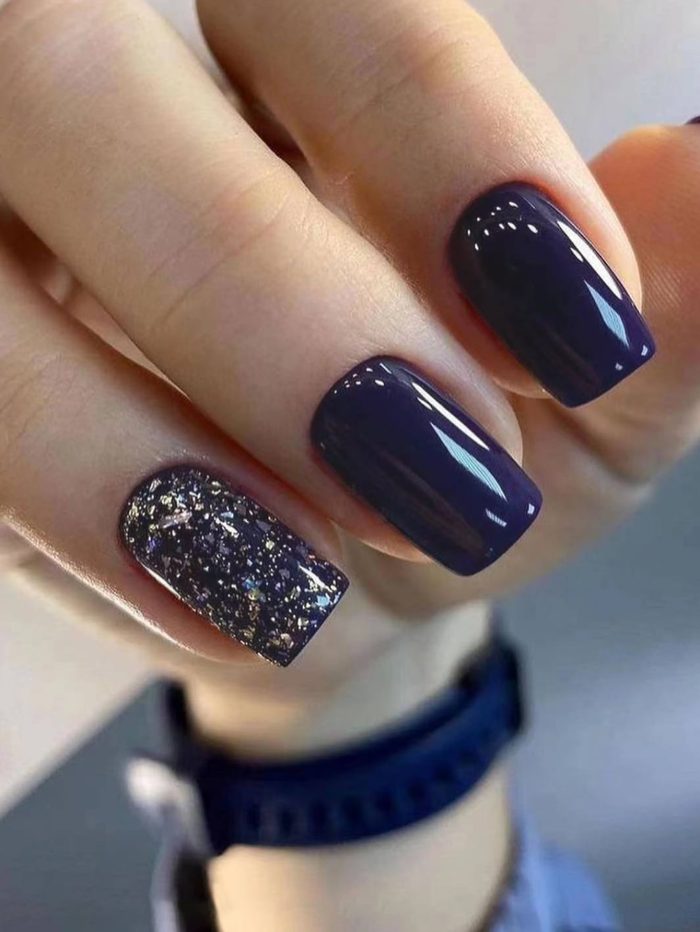 Elevate Your Style With 24pcs Long Square Navy Blue Glitter Full Coverage Fake Nail Set