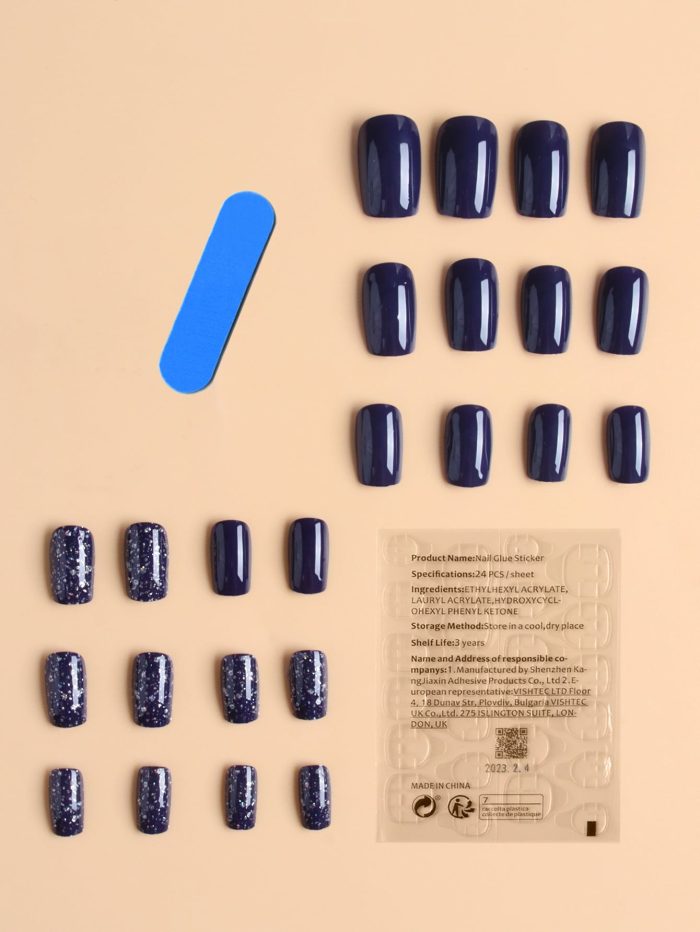 Elevate Your Style With 24pcs Long Square Navy Blue Glitter Full Coverage Fake Nail Set - Image 2