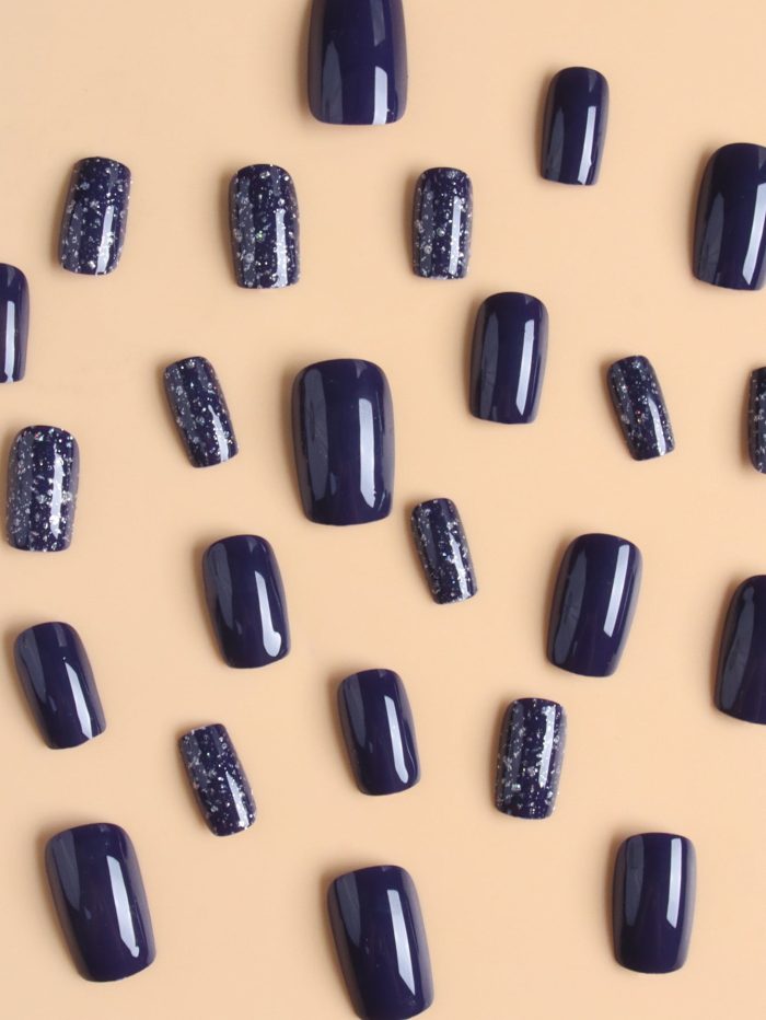 Elevate Your Style With 24pcs Long Square Navy Blue Glitter Full Coverage Fake Nail Set - Image 3