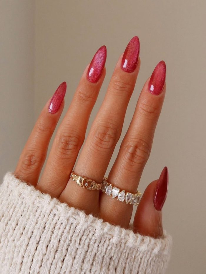 Get Glamorous with 24pcs Long Almond Red Cat Eye Glitter Fake Nail & 1pc Nail File & 1sheet Tape Multicolor