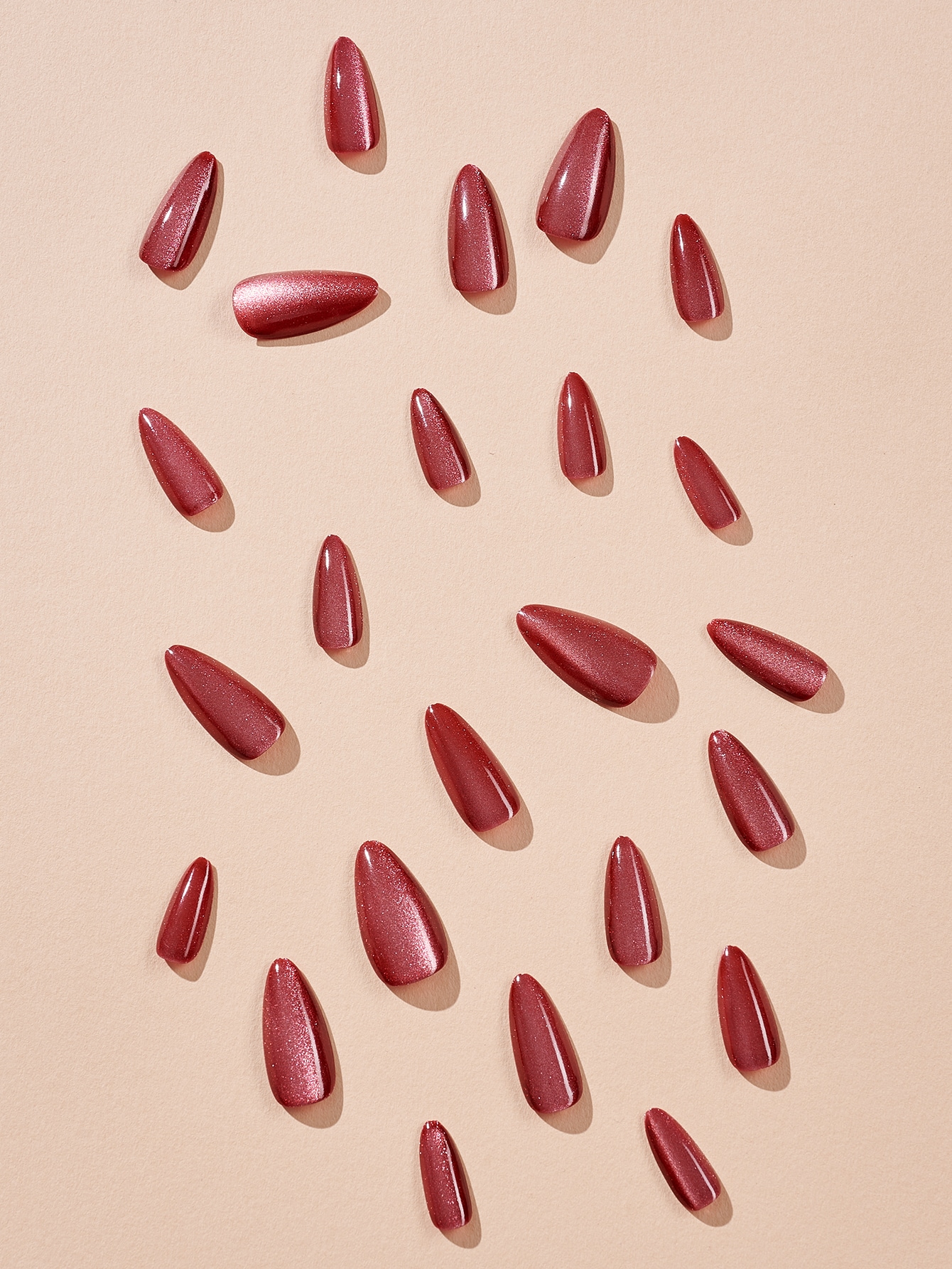 Get Glamorous with 24pcs Long Almond Red Cat Eye Glitter Fake Nail & 1pc Nail File & 1sheet Tape Multicolor - Image 2