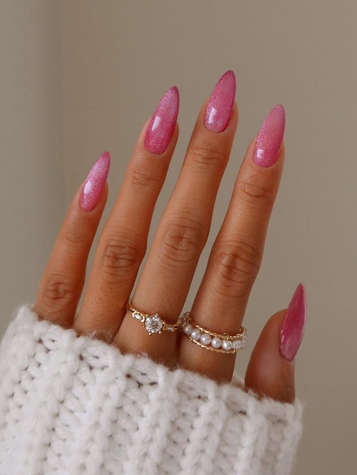 Instantly Upgrade Your Look with 24pcs Long Almond Pink Cat Eye Glitter Fake Nail & 1sheet Tape & 1pc Nail File Pink