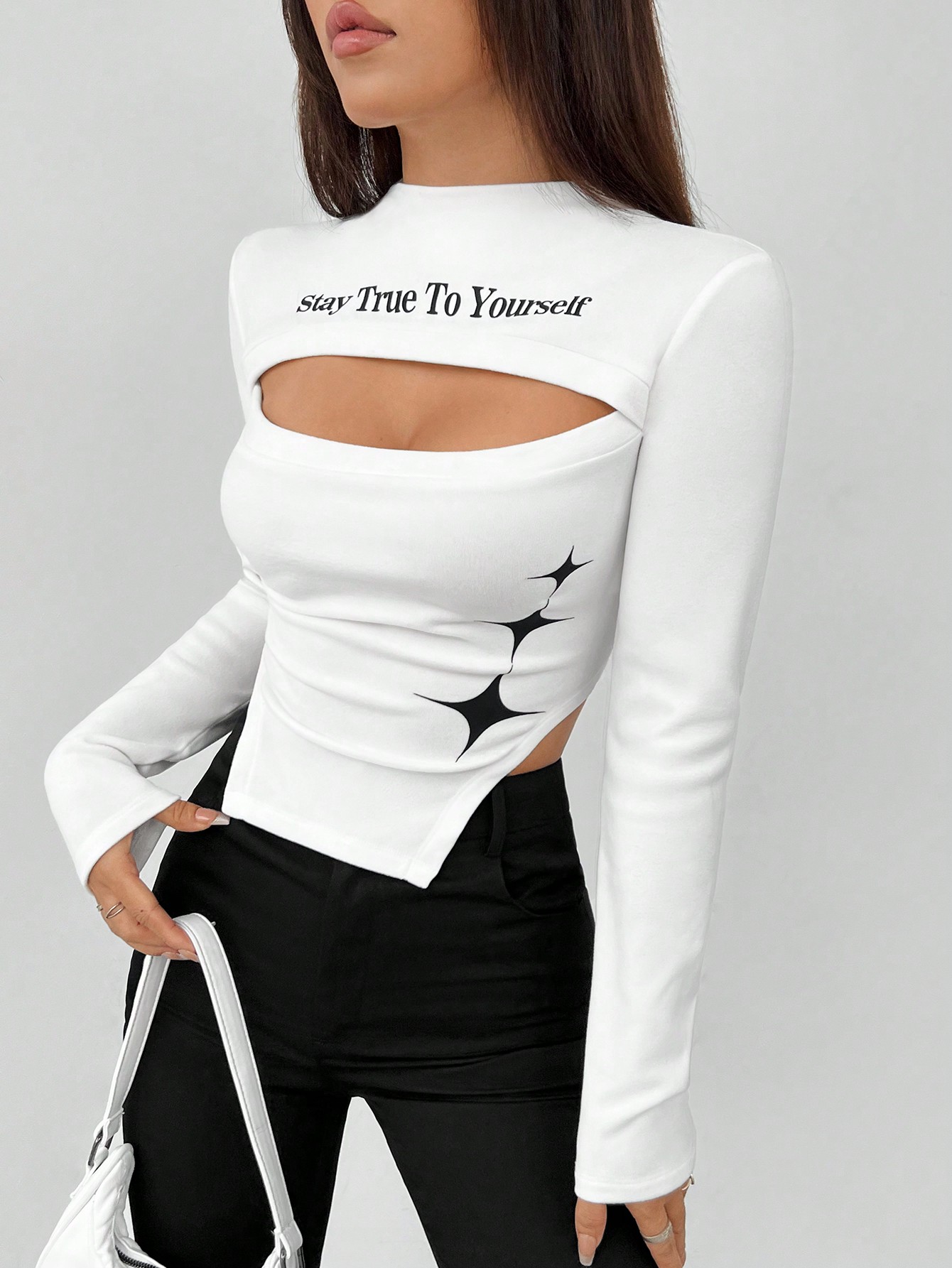 SHEIN EZwear Women's Casual Hollow Out Asymmetric Hem T-shirt With Letter & Star Print